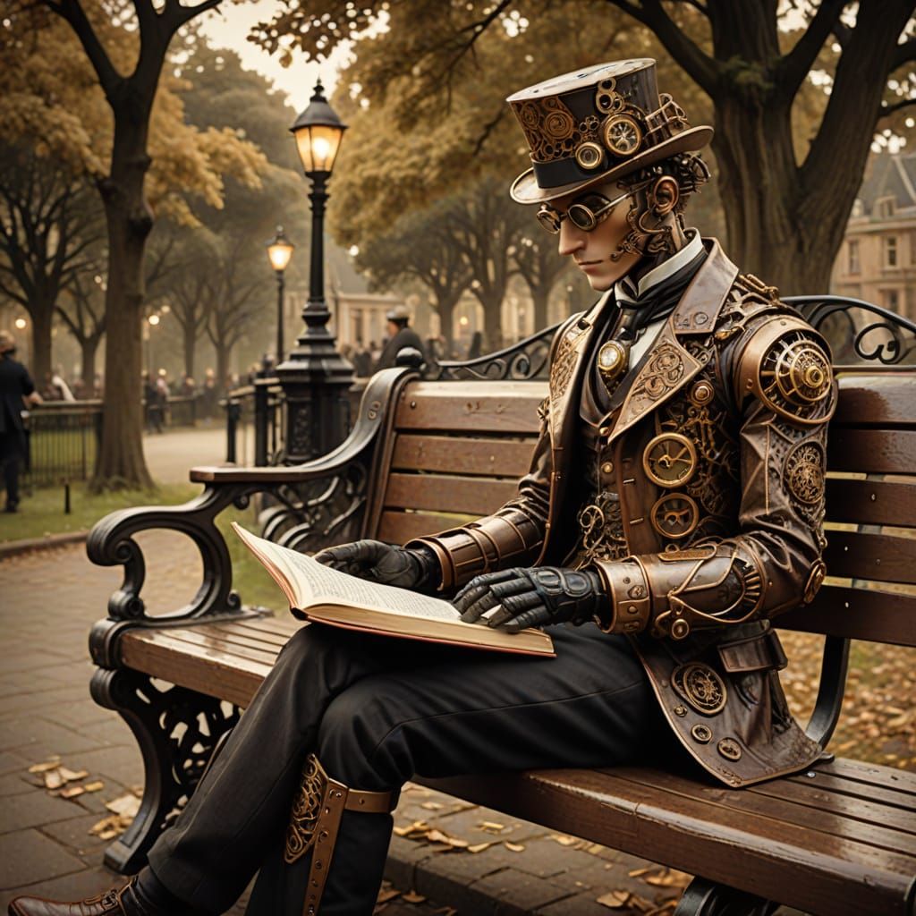 Steampunk Automaton Reading Book on Victorian Park Bench
