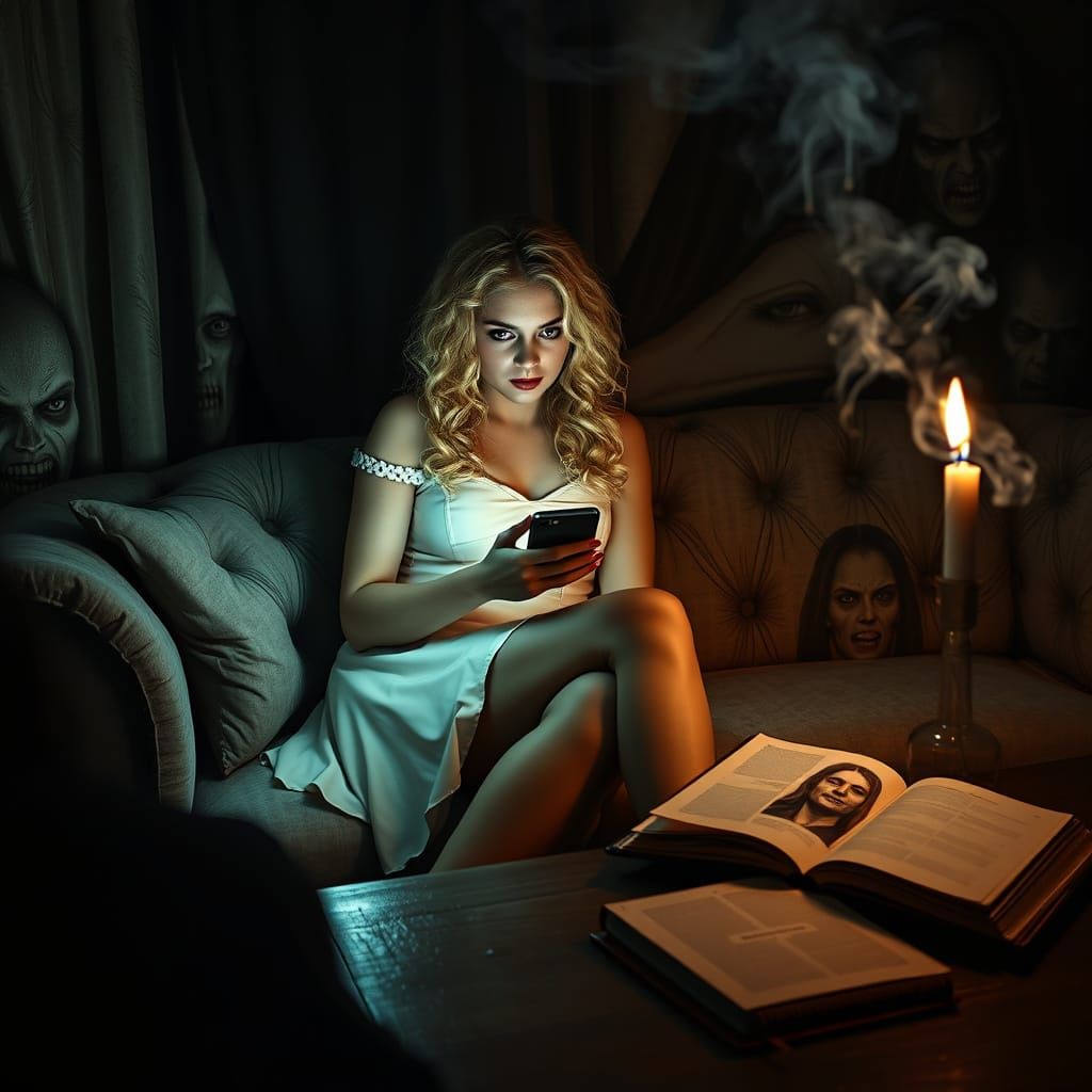 Woman in White Dress Confronts Demonic Faces in Dark Room