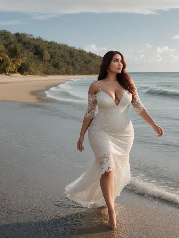 Woman in Lace Dress on Paradise Shoreline