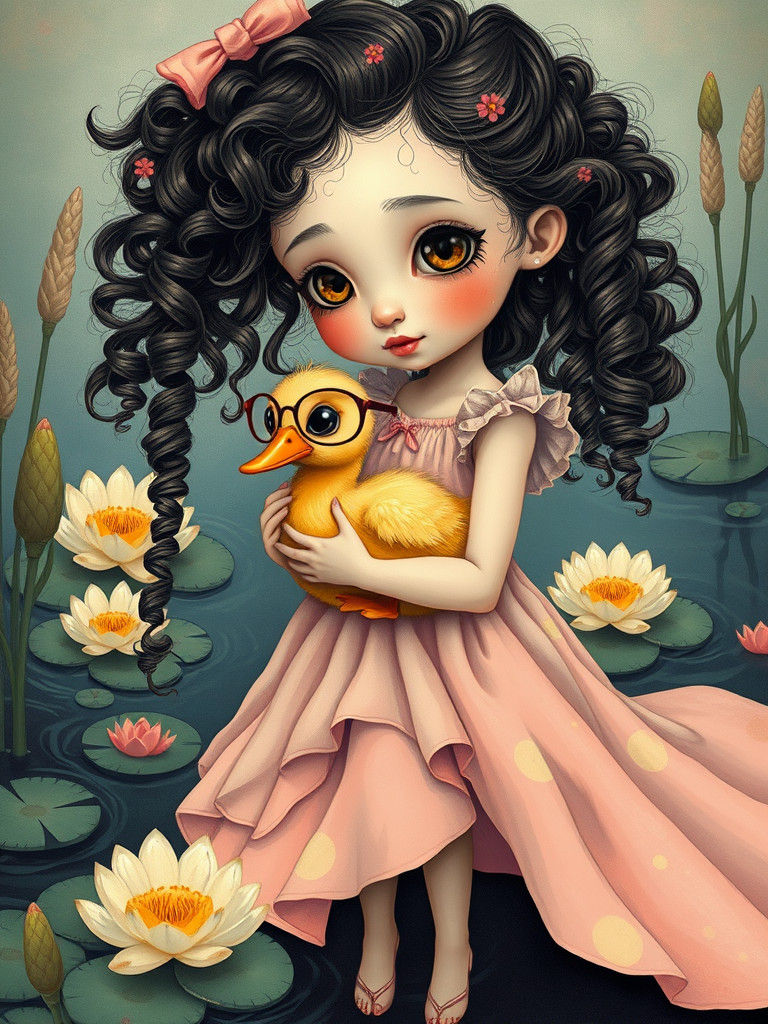 Pop Surreal Girl with Duckling in Esao Andrews Style