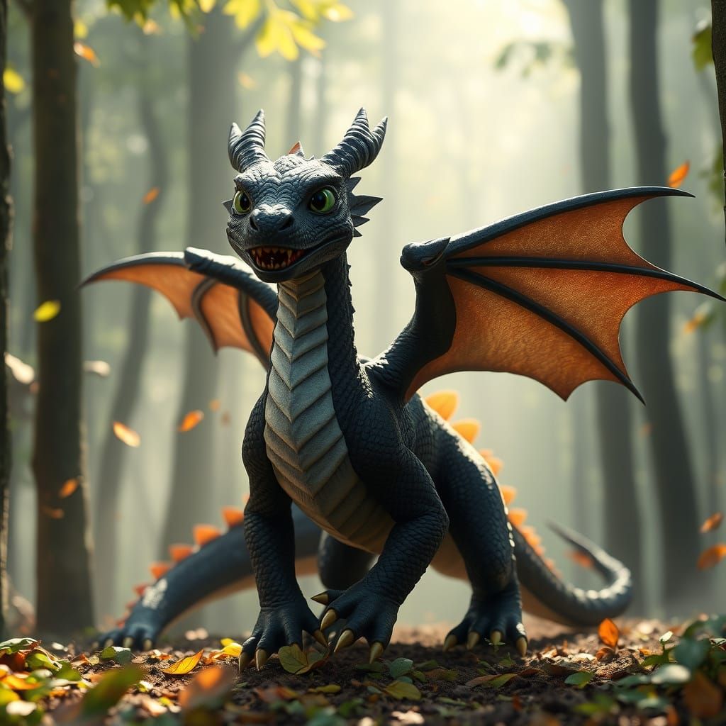 Young Black Dragon in Misty Forest: 3D Animation