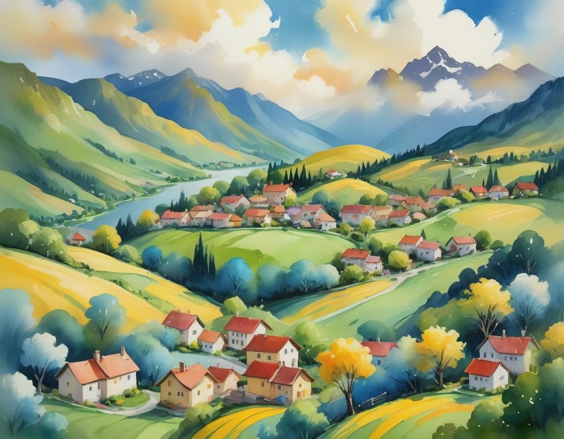 Whimsical Watercolor Village in Neo-Impressionist Style