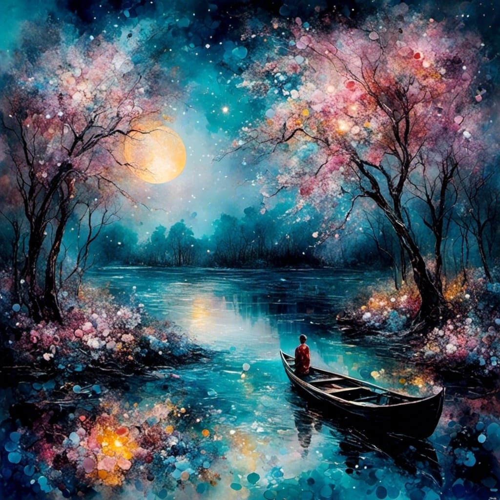 Magical Night Scene with Moonlit Landscape