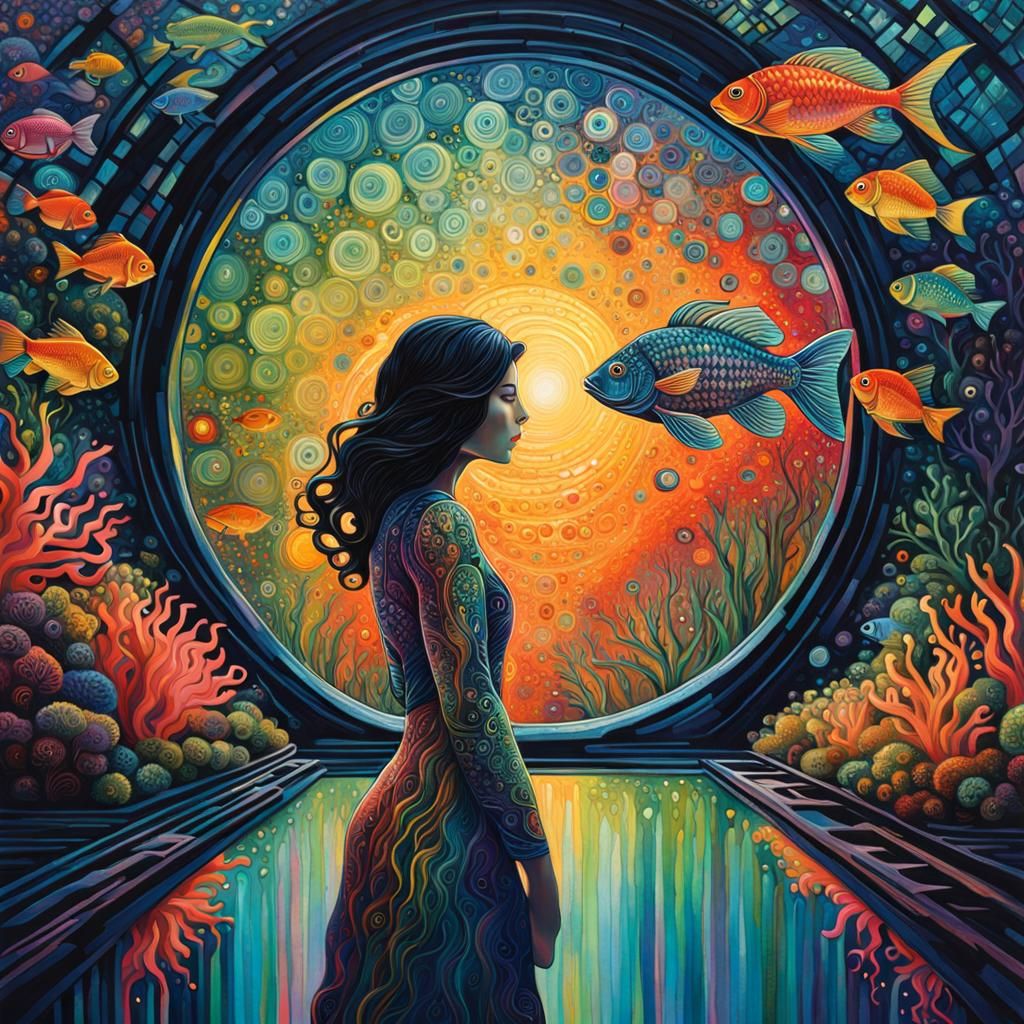 Rainbowfish in Underwater Greenhouse, Iridescent Digital Art