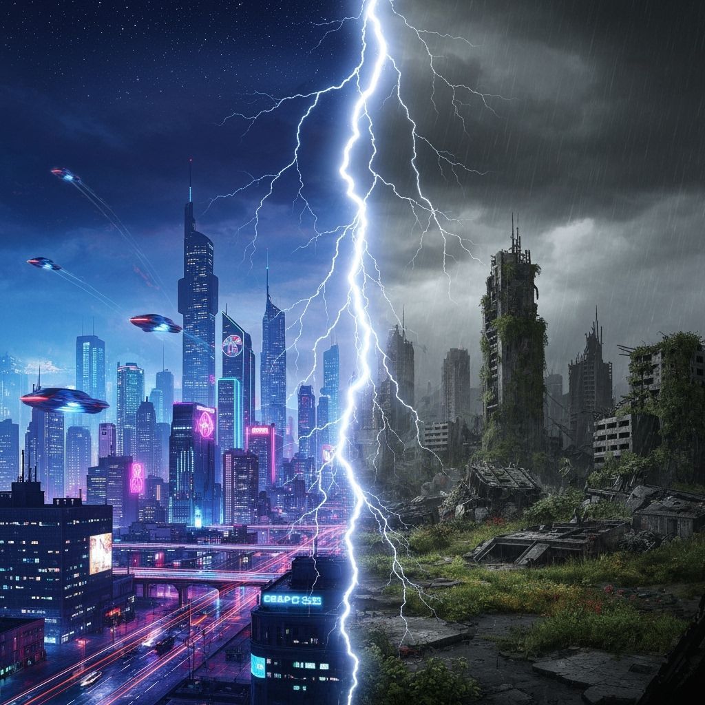 Dramatic City Split: Future Metropolis vs. Ruin