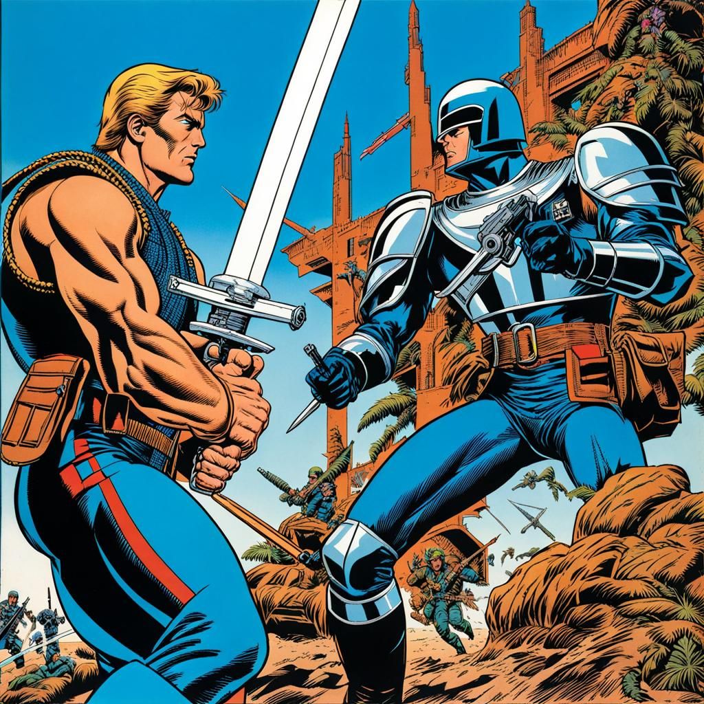 Man Swordfighting Robot in 1980s Marvel Style
