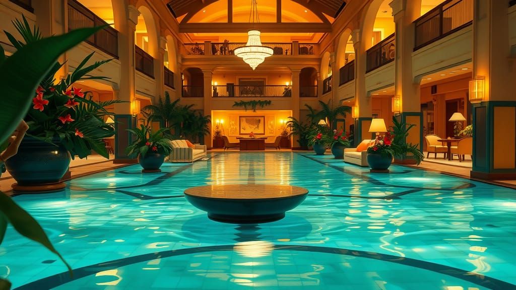 Surreal Hawaiian Hotel Lobby Bathed in Golden Light