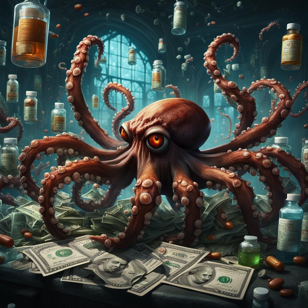 Giant Spider Octopus Surrounded by Money, Detailed Matte Pai...