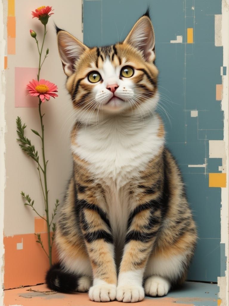 Adorable Cat Under Tall Flower with Flickering Light
