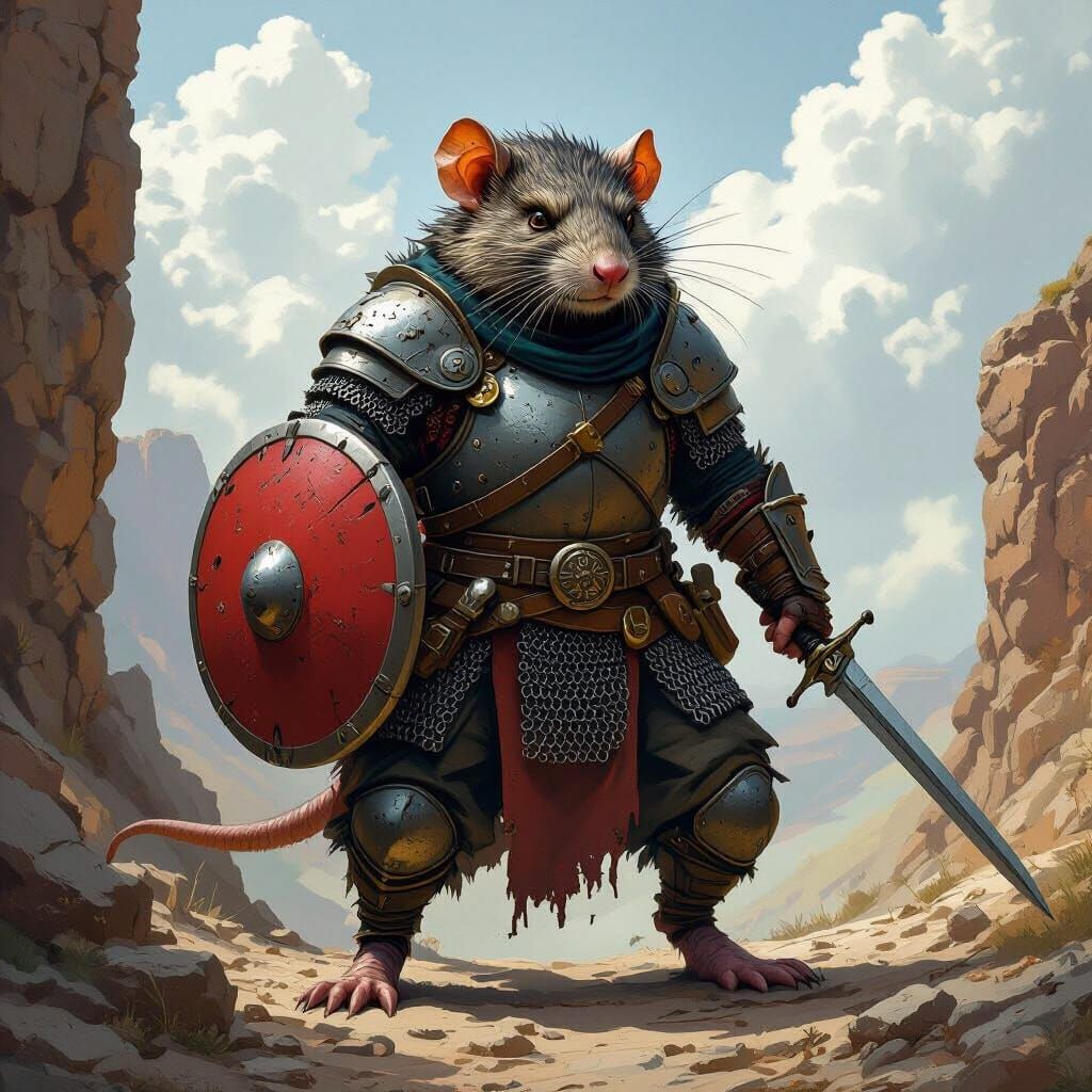 Anthropomorphic Rat Warrior with Rapier at Ravine Edge