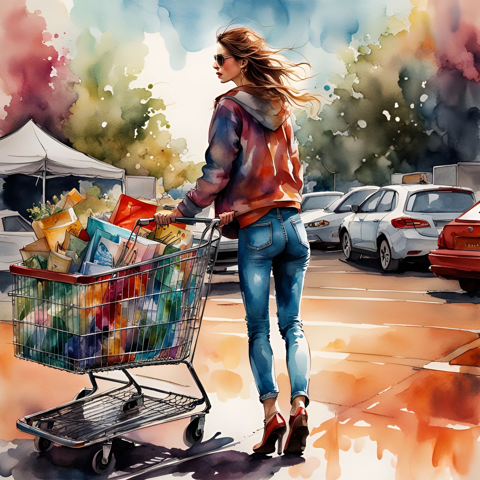 Watercolor Illustration: Woman with Shopping Cart