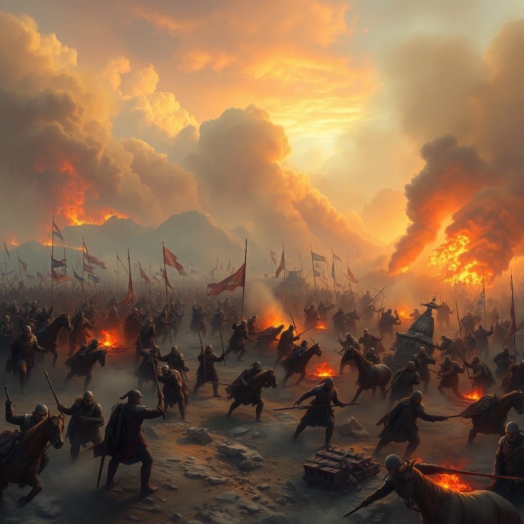 Epic Battle Scene in Dynamic Brushstrokes and Hyper-Realisti...