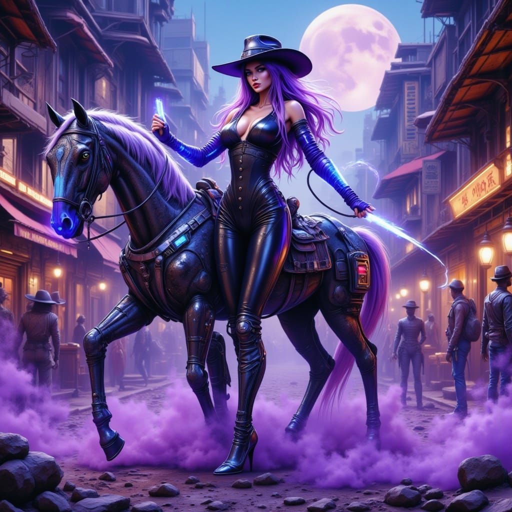 Futuristic Cowgirl in Neon Desert, Sci-Fi Wild West