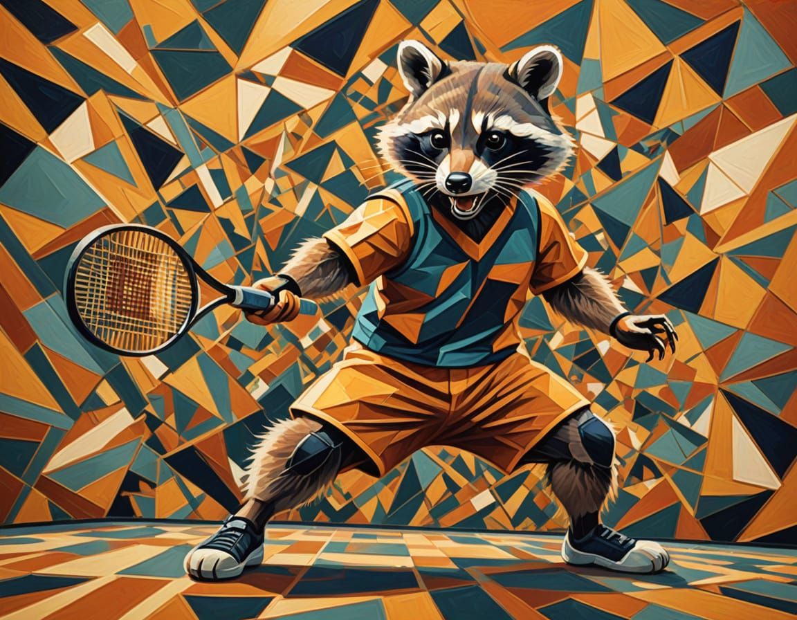 Raccoon Tennis Player in Cubist Style