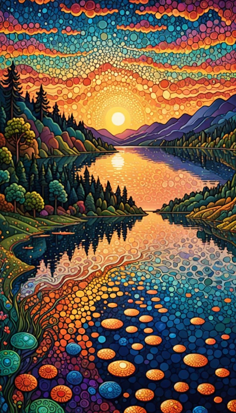 Sunset Lake in Pointillist Fantasy Style