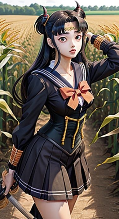 Anime Scarecrow in Cornfield, Kimetsu no Yaiba Style