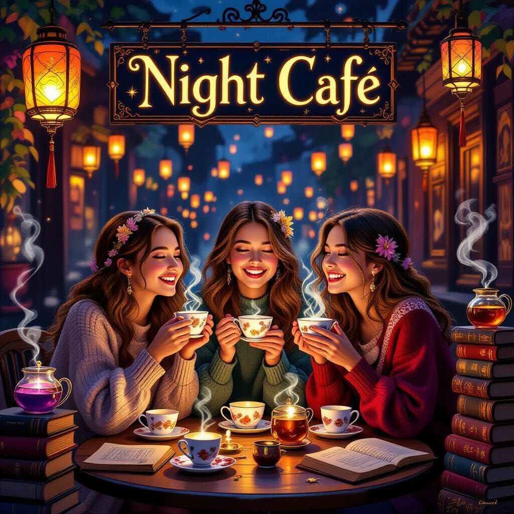 Magical Night Cafe Scene with Pouring Teapots