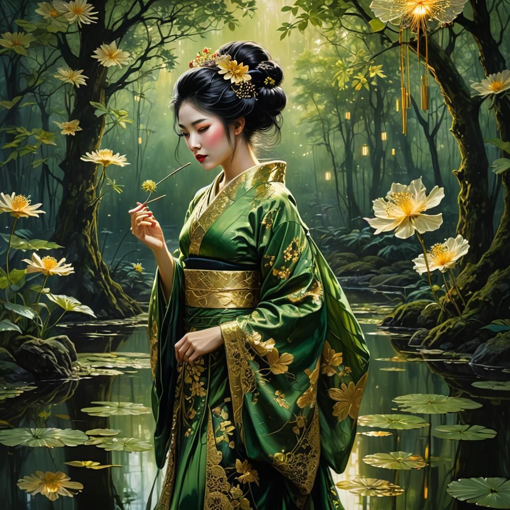 Geisha Watching Mirrored Reflection in Dark Fantasy Style
