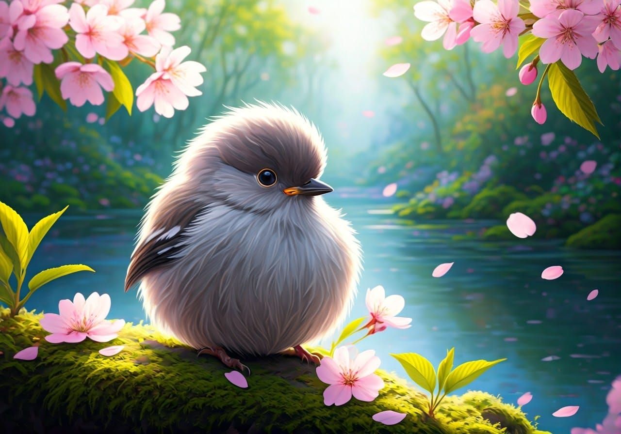 Cherubic Bird in Sakura Blossoms, Impressionist Style