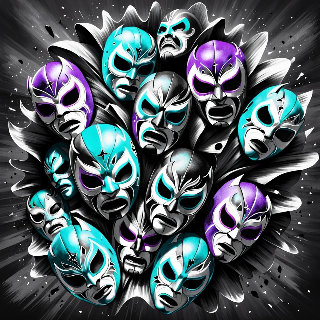 Dozens of Mexican wrestling masks, falling through a vortex, intense and dark accents, black scratchy accents, graphite ...