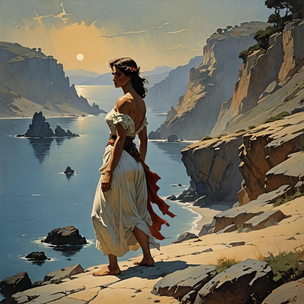 Sensual Woman on Greek Coast in Fantasy Art Style