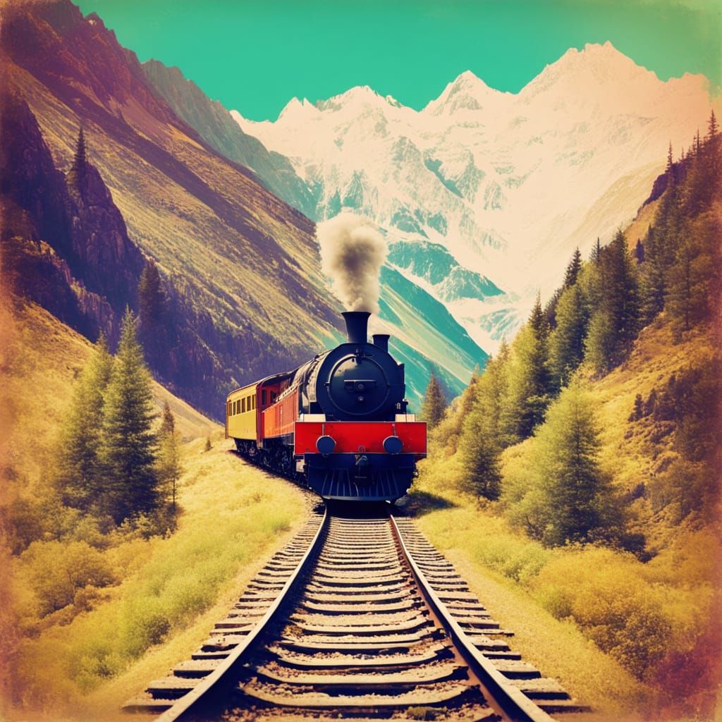 Vintage Train in Mountains, Colorful European Photo