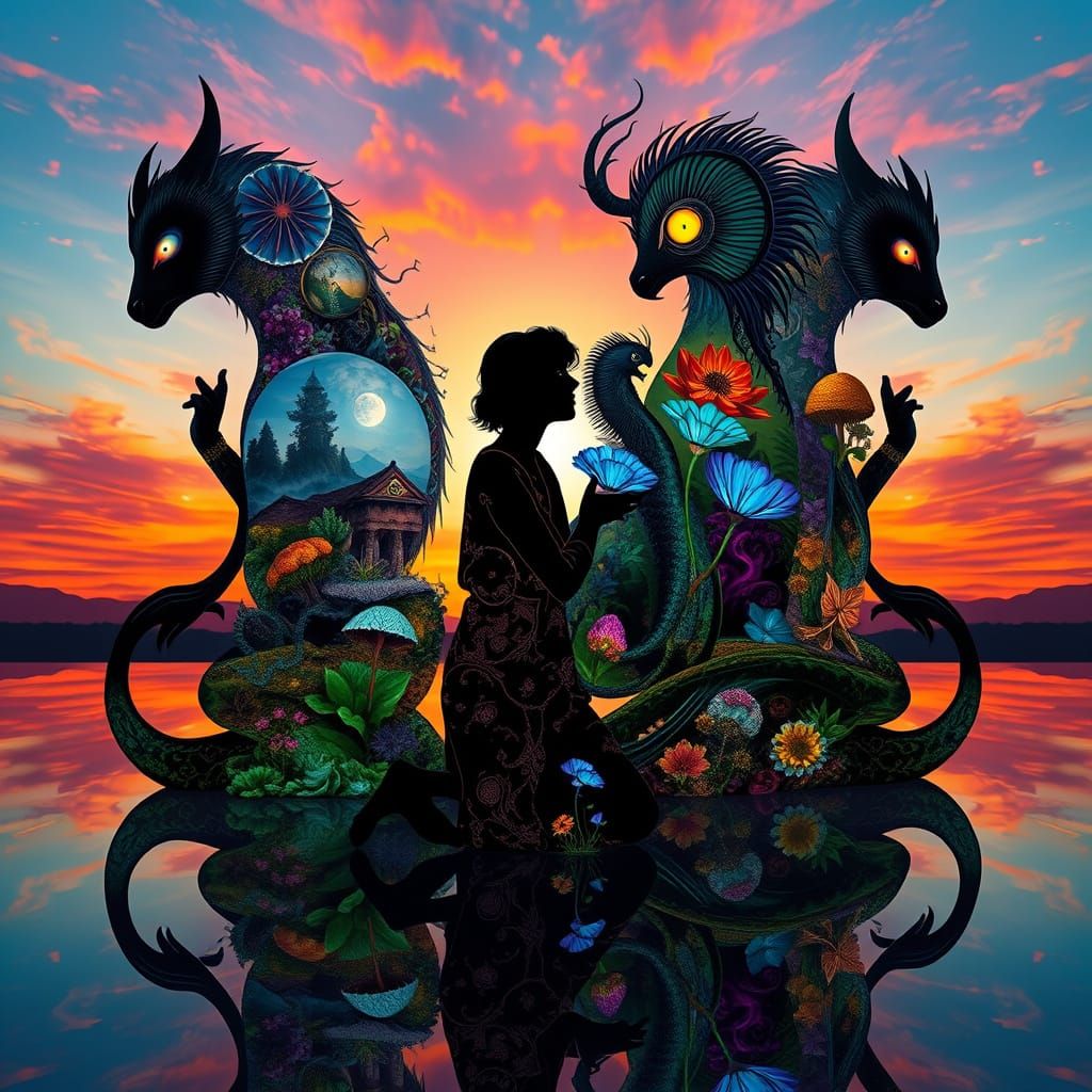 Dreamlike Collage of Mythical Creatures in Vibrant Fantasy L...