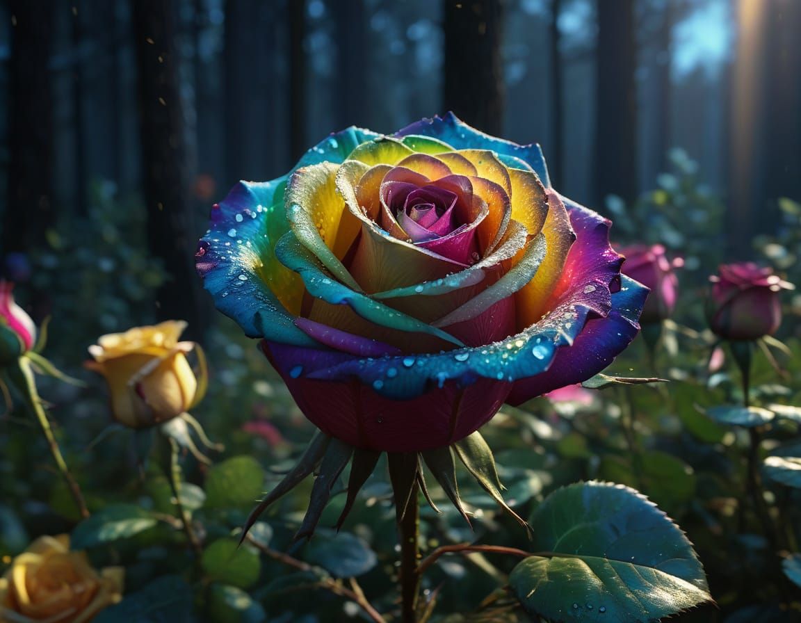 Rainbow Rose Blooms Under Moonlight