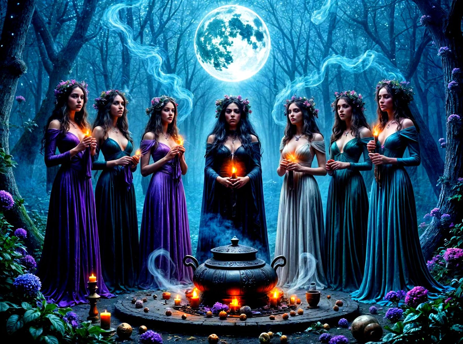 Coven Ritual in Moonlit Forest, ArtGerm Style