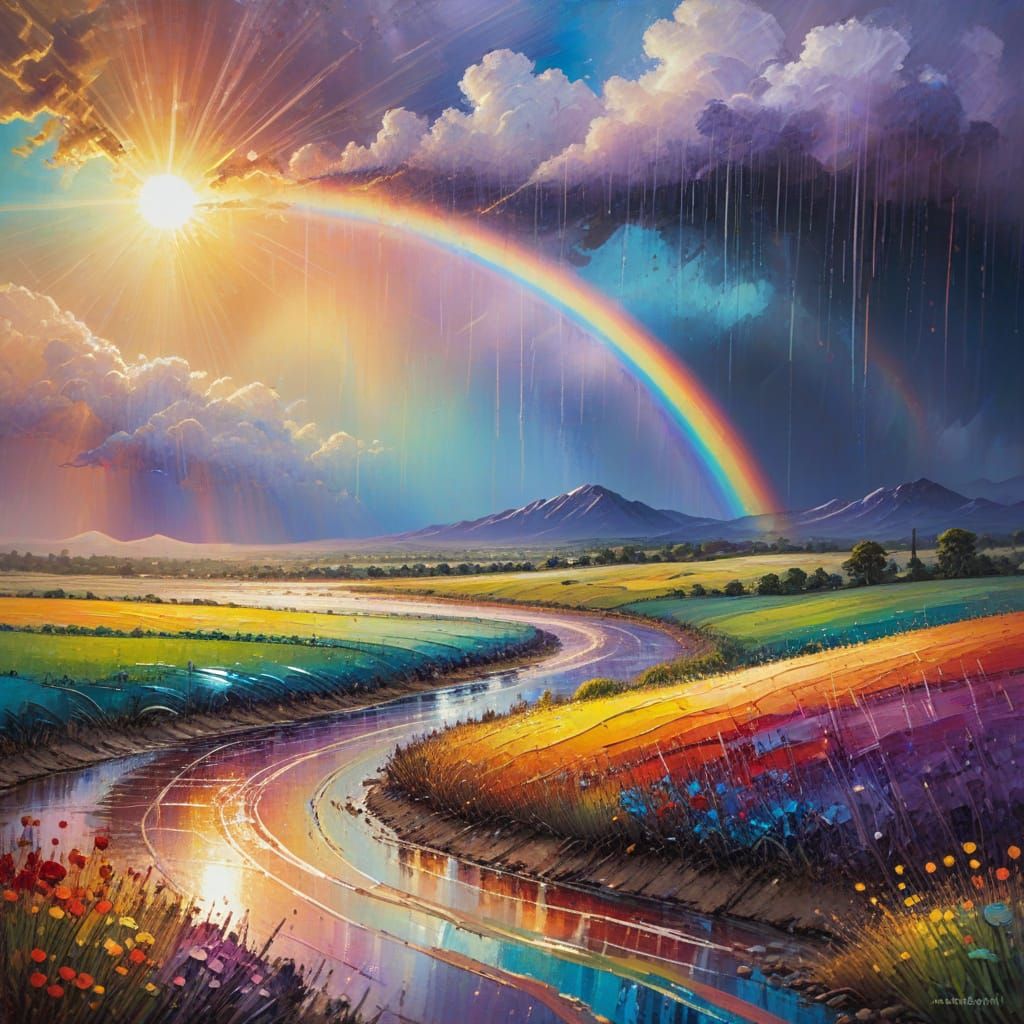 Vibrant Landscape: Sunshine, Rain, and Rainbow in Mixed Medi...