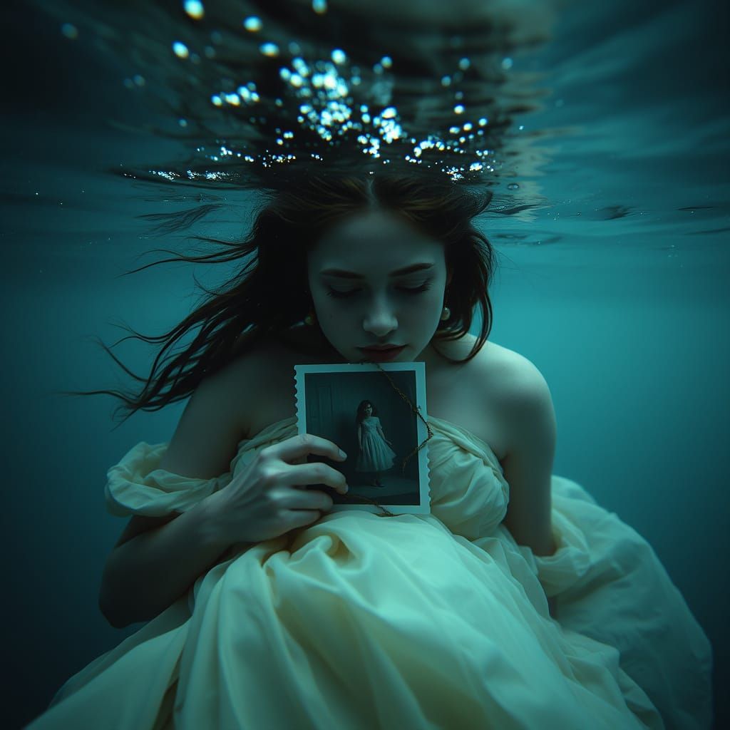 Young Woman Sinks Beneath Stormy Waves in Hyperrealistic Art