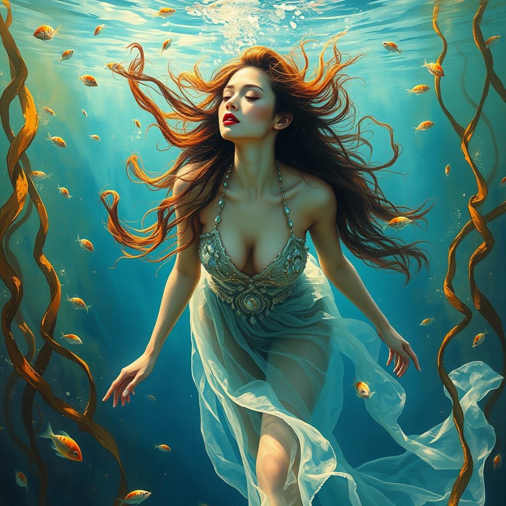 Weightless Elegance: Underwater Goddess in Impressionist Bru...
