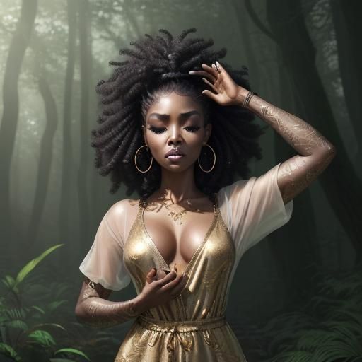 Black Woman Meditating in Magical Forest: Hyperrealistic Ren...