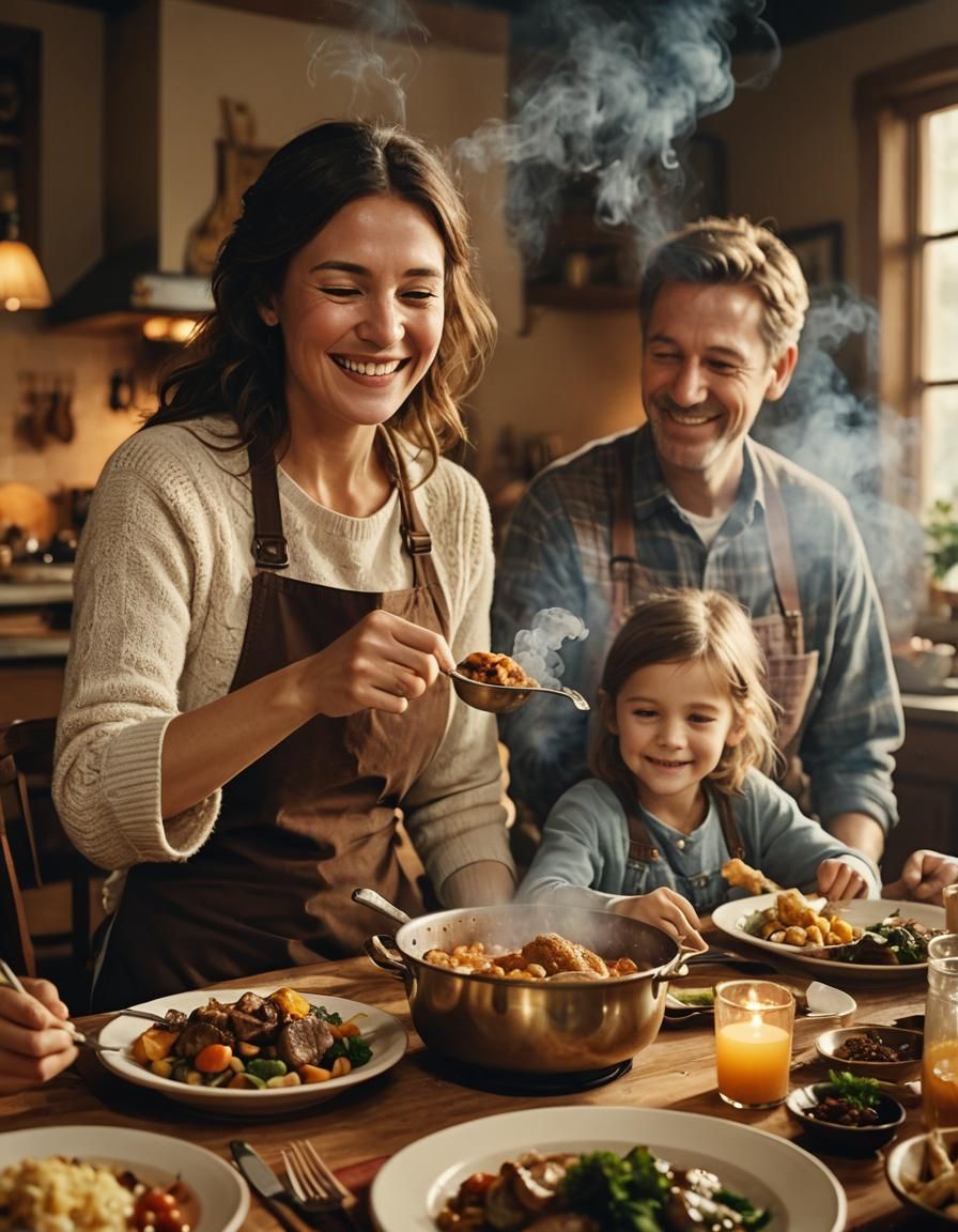Warm Family Dinner Scene in Cozy Golden Lighting