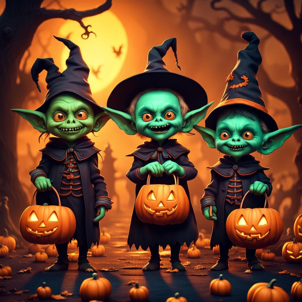 Happy Goblins Trick-or-Treating in Fantasy Painting