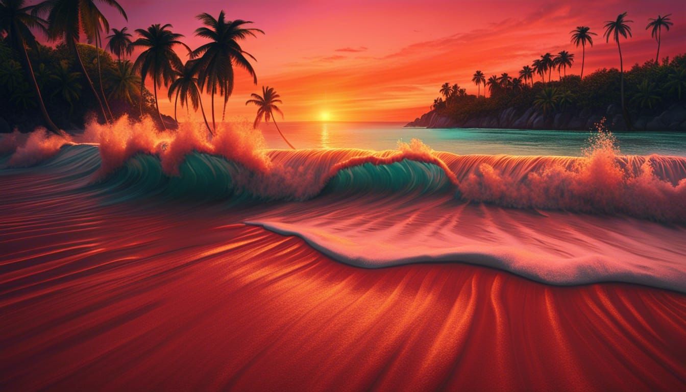 Tropical Island Sunset in Wes Anderson Style