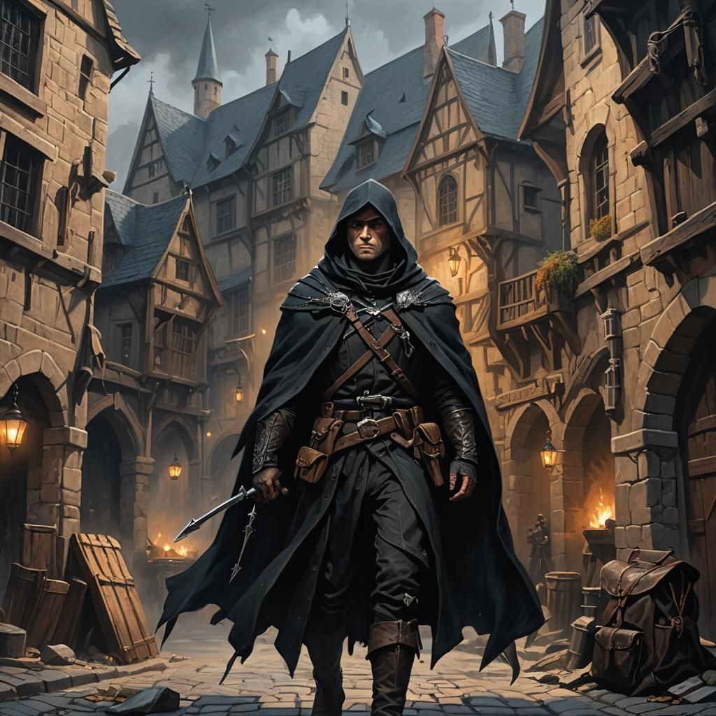 Fantasy Rogue in Dimly Lit Medieval Town
