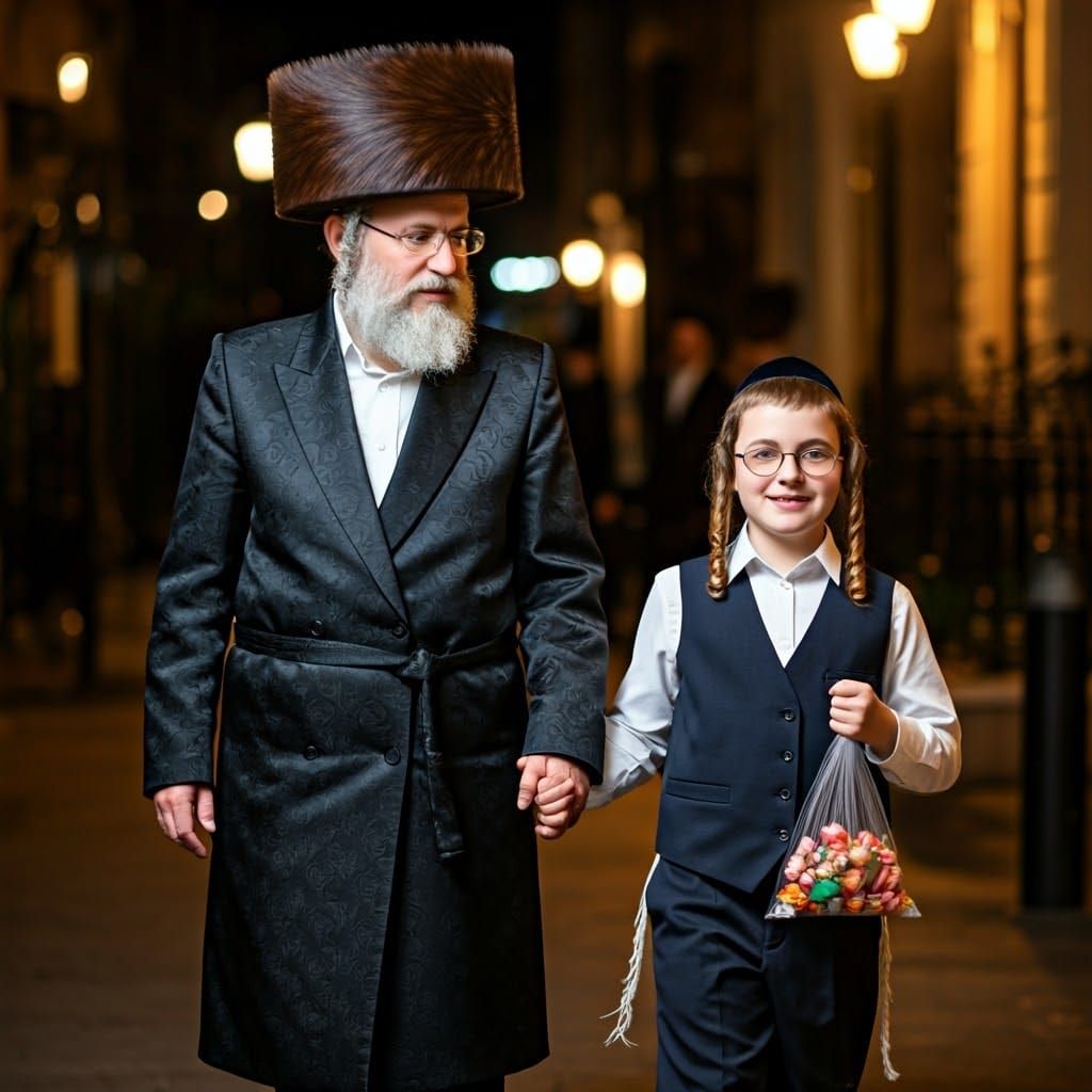 Young Hasidic Boy and Father Enjoy Shabbat Evening