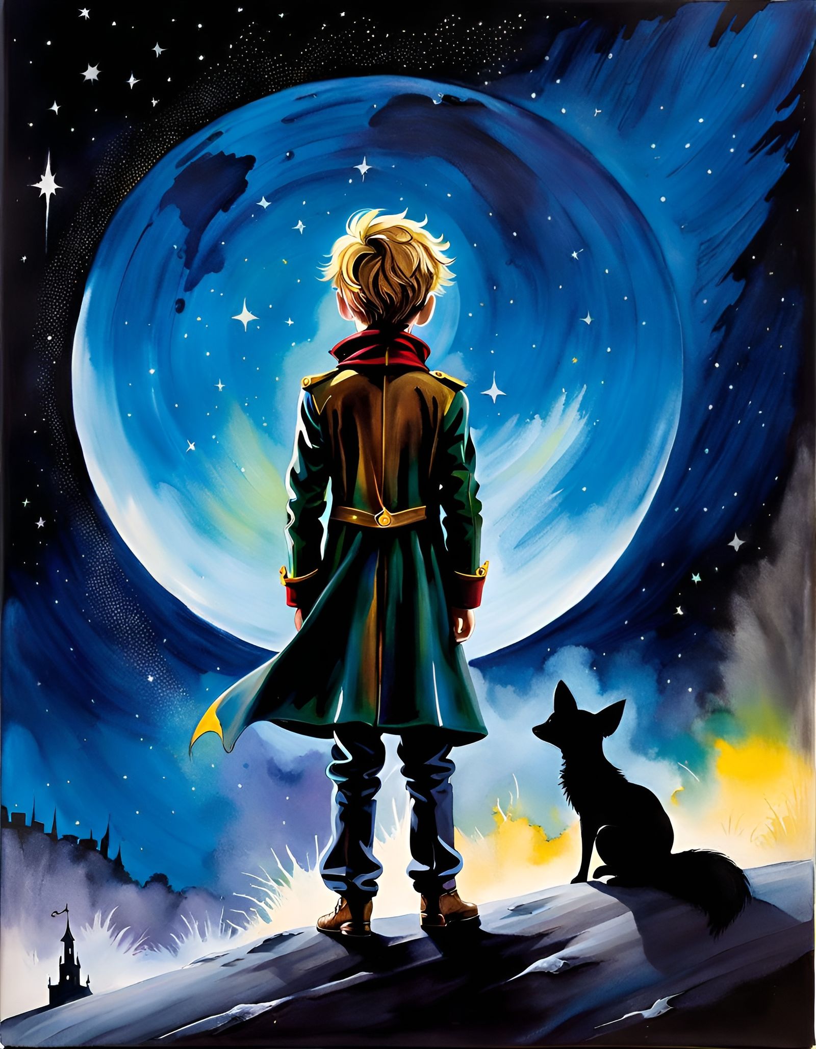 Little Prince and Fox Stargazing: Watercolor Graffiti Art