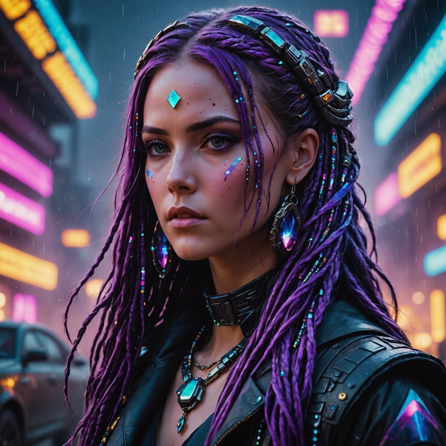 Surreal Goddess of Jewels Amidst Neon Galaxy Storm