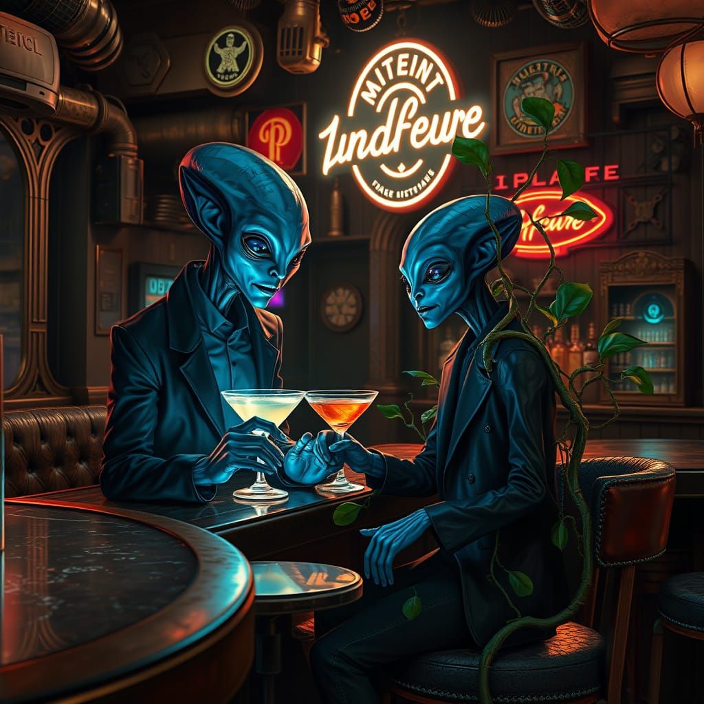 Blue Aliens share a drink and a Symbiotic Plant