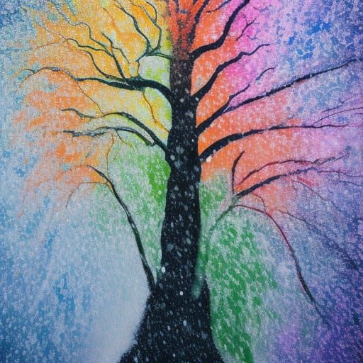 Multi-Colored Bonsai Tree in Freezing Rain