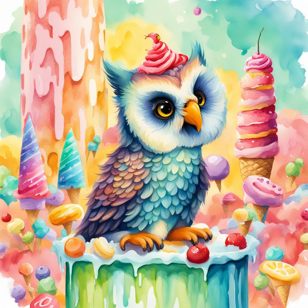 Whimsical Owl in Ice Cream Shop Watercolor