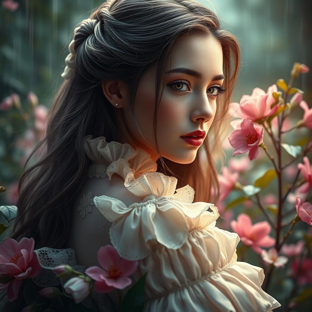 Victorian Woman in Rain with Flowers, Hyperdetailed Portrait