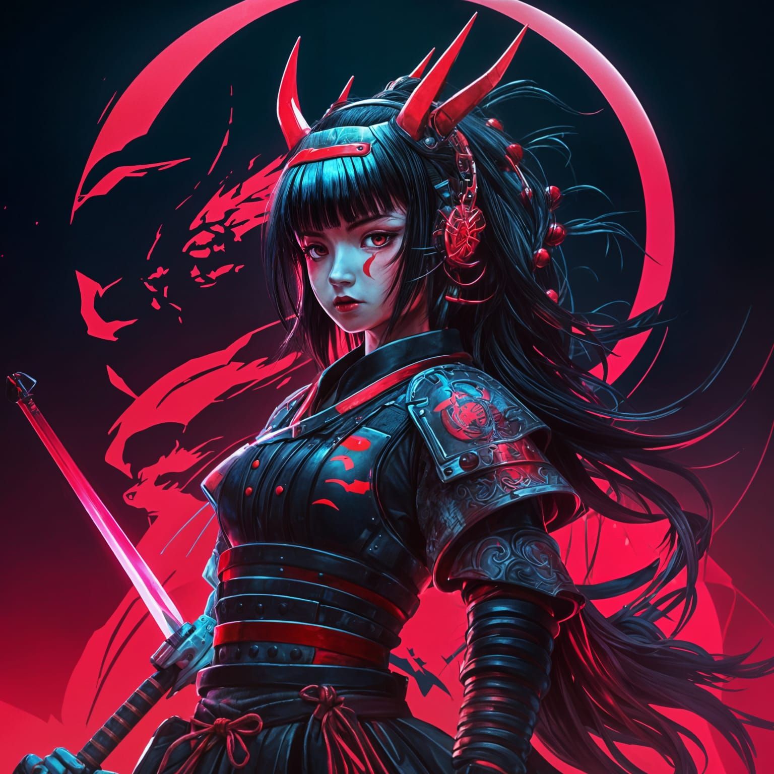 Cyberpunk Samurai Dragon Girl Under Red Moon