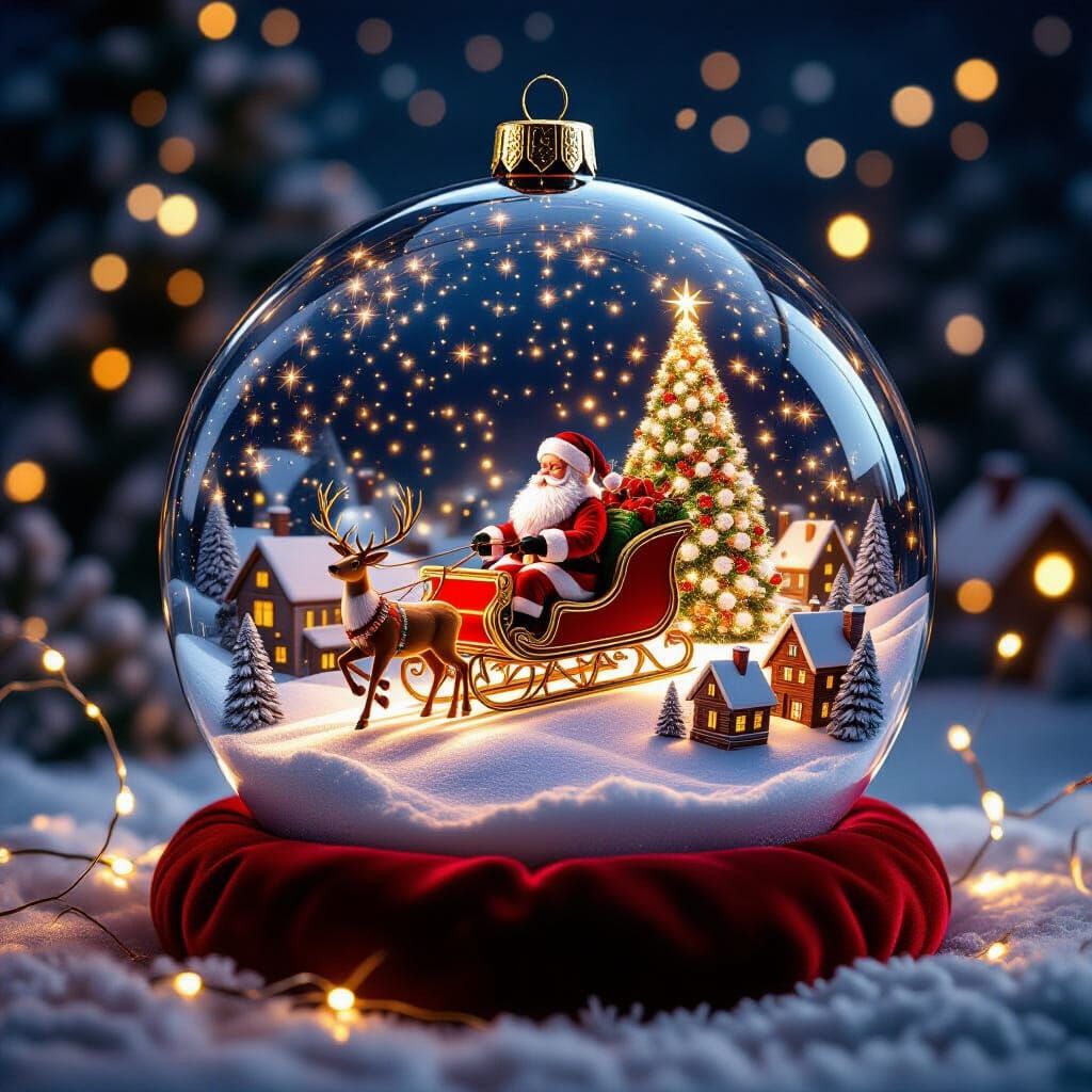 Christmas Scene Inside Glass Orb: Santa's Sleigh Flight