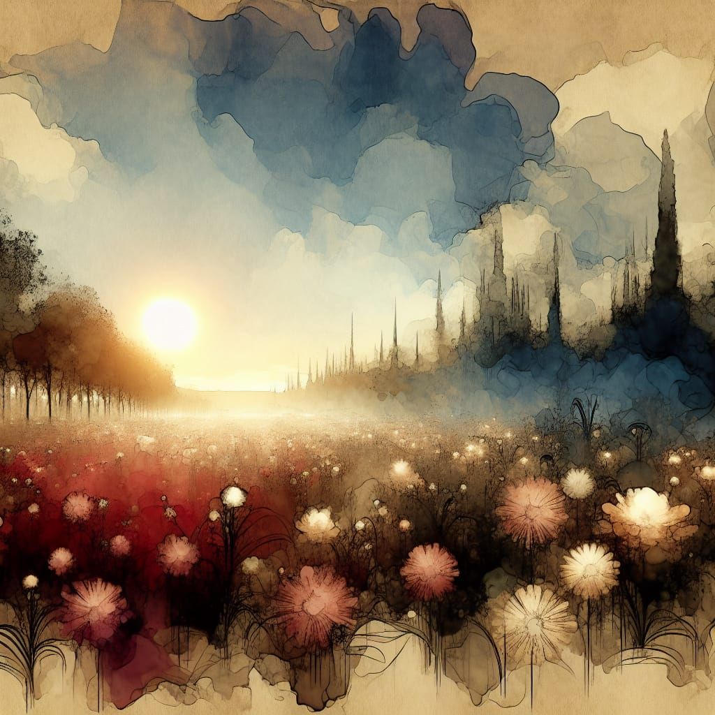 Surreal Post-Apocalyptic Flower Field in Romantic Style