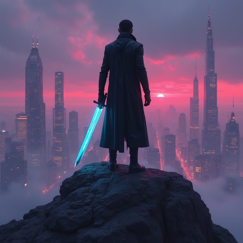 Glass Supervillain Overlooks Metropolis at Dusk