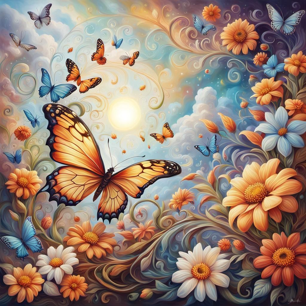 Ethereal Butterfly with Boho Flowers Oil Painting