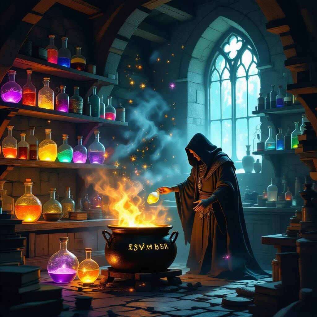 Mystical Alchemist's Workshop with Glowing Potions